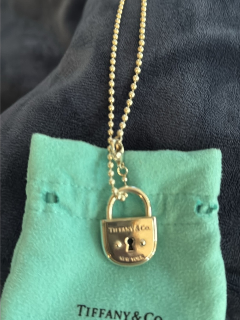 Tiffany & Co. Gold Padlock Necklace with Aqua Pouch